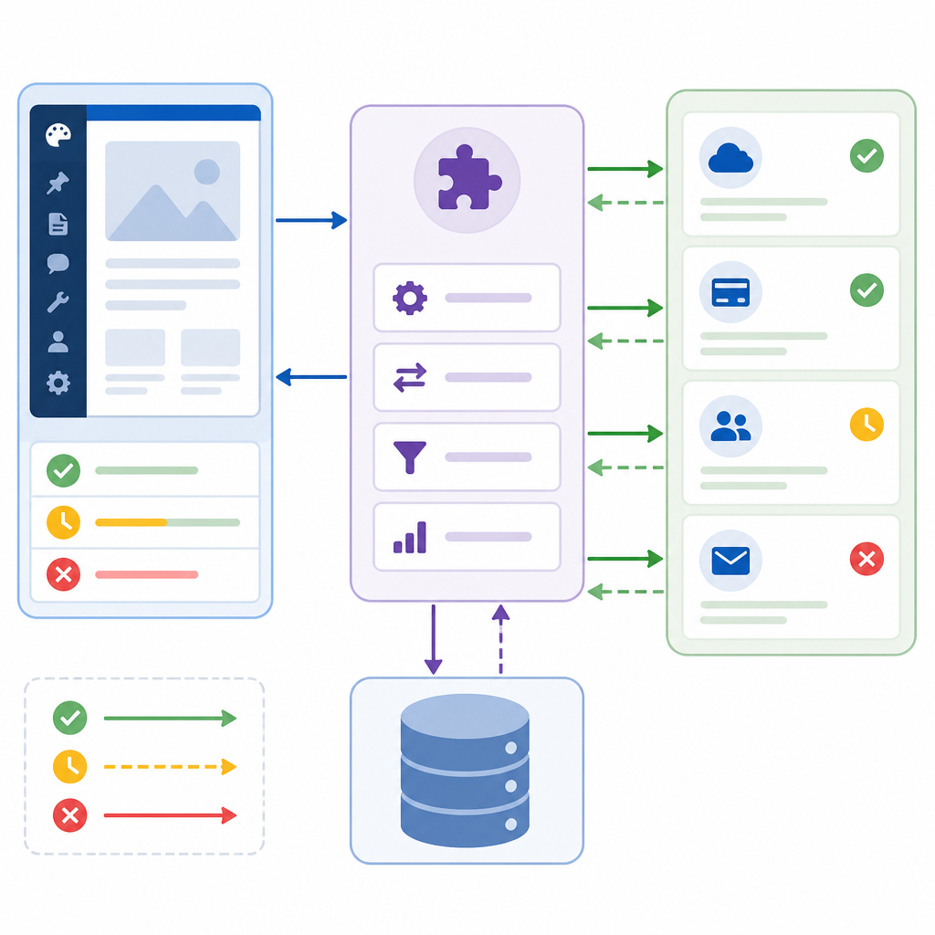 워드프레스와 외부 API, 데이터베이스 간 데이터 흐름 다이어그램